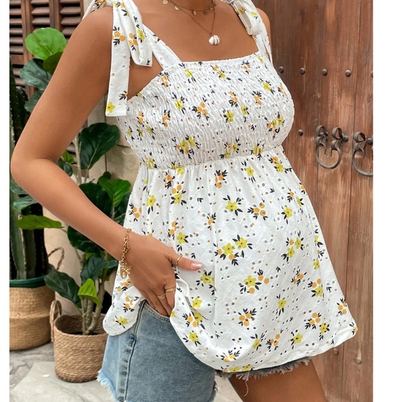 Maternity Floral Print Eyelet Smocked Tank Top - Picture 5 of 5